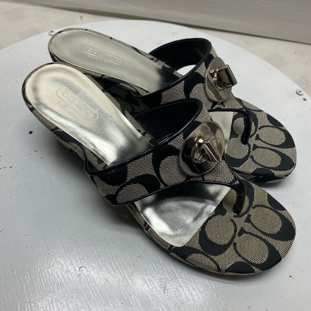 Vintage Coach CC Monogram Black and Beige Wedge Sandals with Turn Lock Size 6